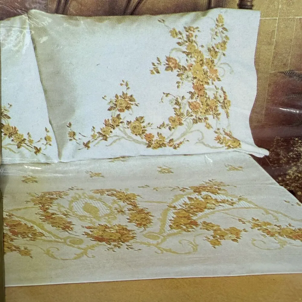 VTG Percale Twin Fitted Sheet STEVENS UTICA Yellow Floral Bouquet Canterbury